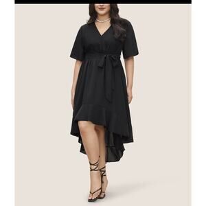 5X 28 Plus Size Black BloomChic Solid Tie Surplice Ruffle High Low Dress